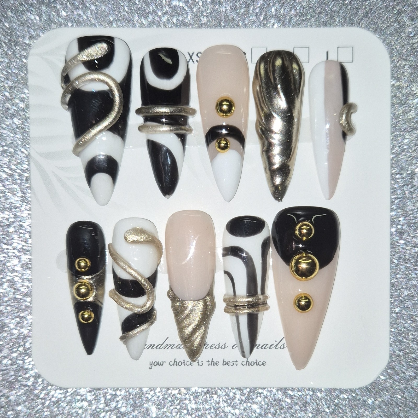 Black White Beige Gold Silver Metallic 3D Stiletto Press-On Nails Long Set