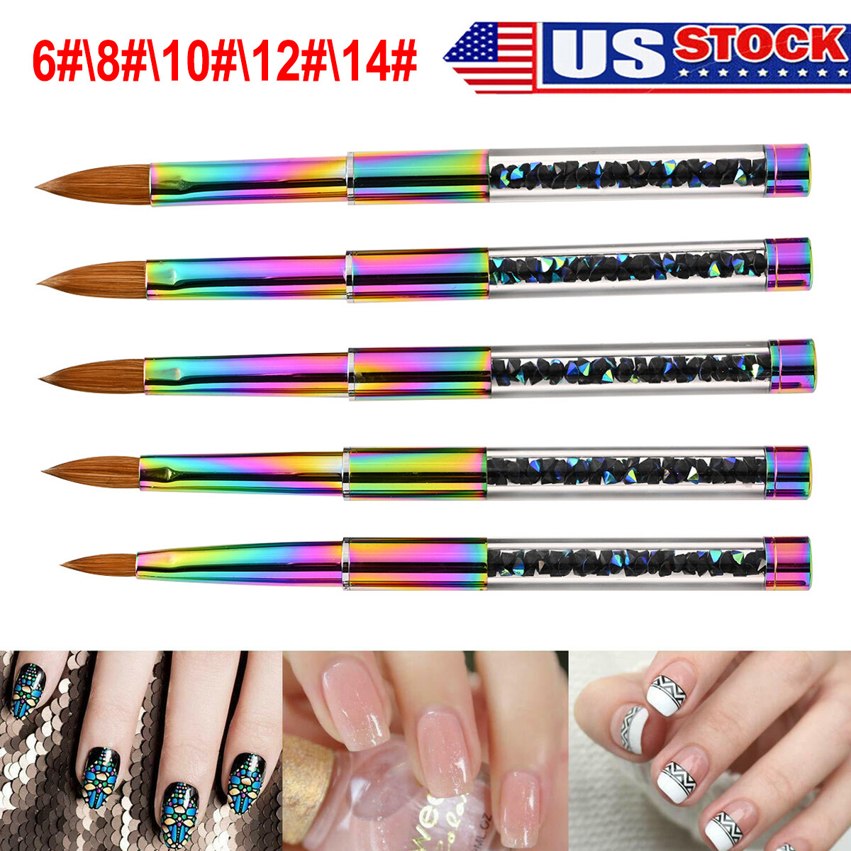 100% Kolinsky Acrylic Nail Brush With Cap Rainbow Crystal Handle 6-14 (CRIMPED)