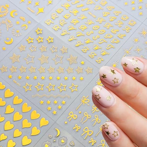 30 Sheets Gold Star Nail Art Stickers 3D Self Gold Star Moon Heart Designs