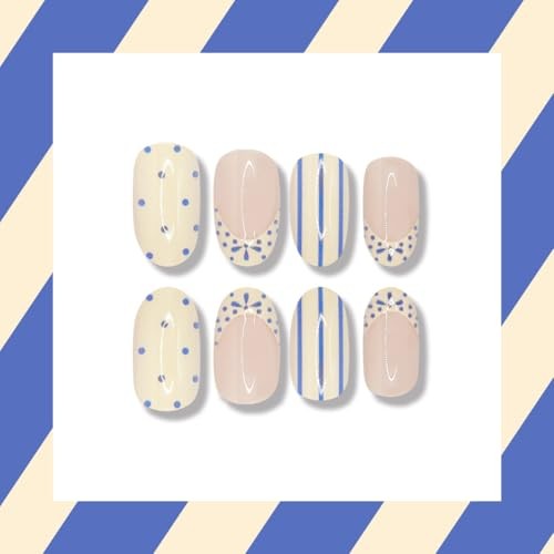 24 Pcs Blue French Tip Press on Nails – Short Oval Polka Dot Stripes