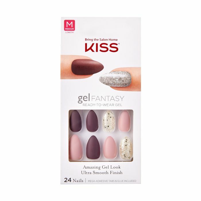 KISS GEL FANTASY NAILS – Matte Pink Mauve & Burgundy – GLUE ON MEDIUM ALMOND