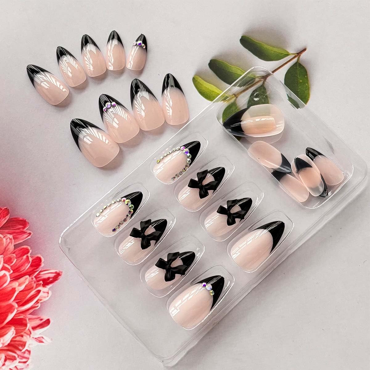 Black French Tip Press on Nails Medium Almond Fake Nails Rhinestone with Bow Des