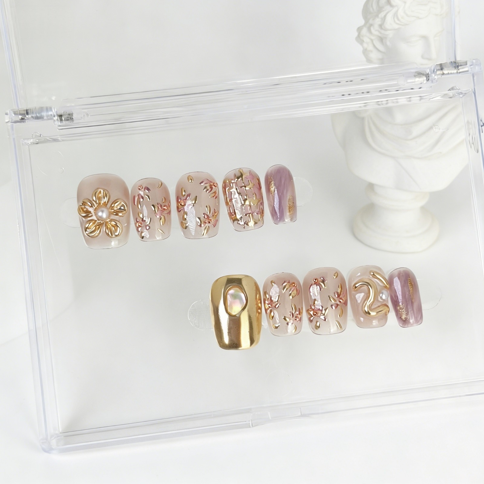 Pink Purple Press On Nails Short Square Gold Flower Pearl Handmade Set gift
