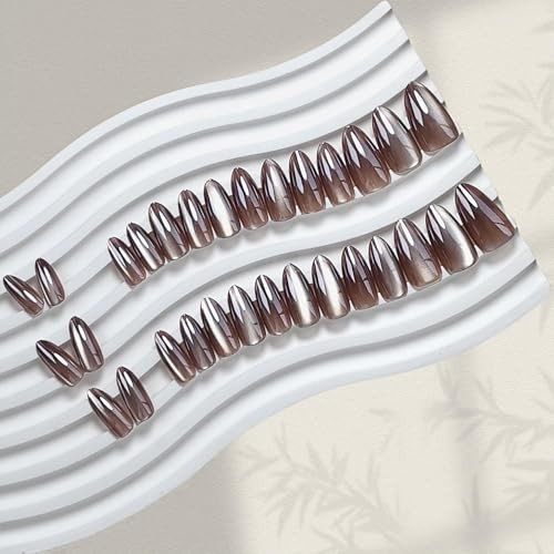 Cat Eye Dark Brown Press on Nails Almond, Glitter Press cateye almond coffee