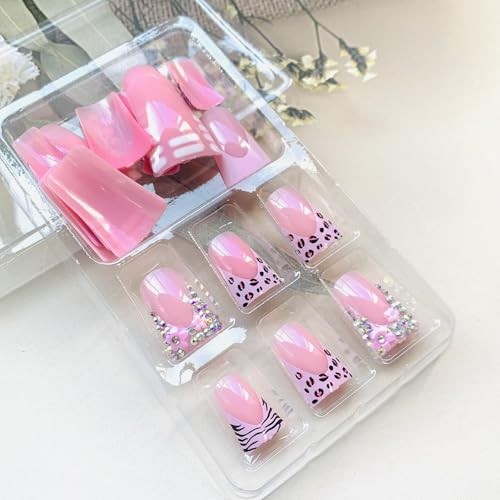 Duck Shaped Acrylic Nails – Medium – Medium – French & Floral Rhinestone