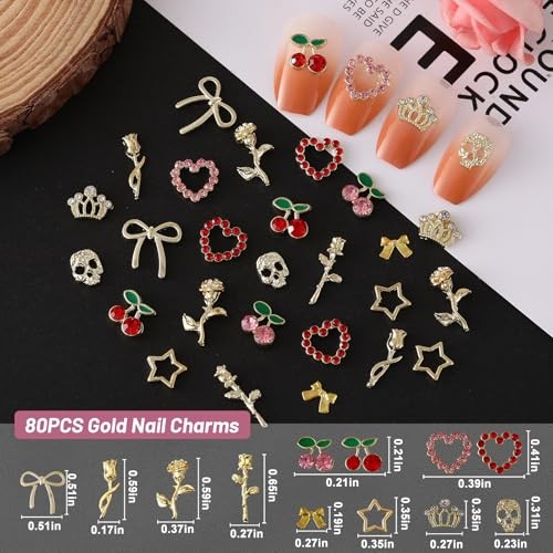 pcs Gold Nail Charms Set with Rose, Cherry, Bow, Hearts, Star, Flowers, 80