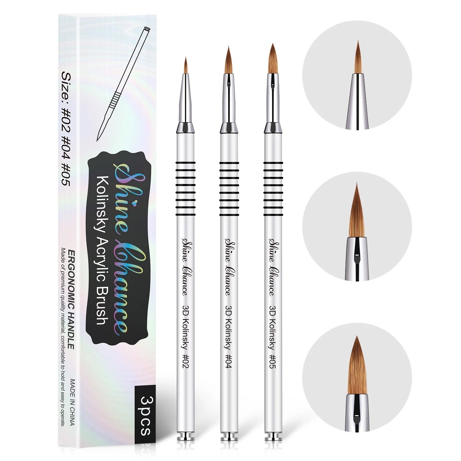 3PCS Kolinsky Acrylic Nail Brush Set Size 2 4 5 for Nail Art Extension