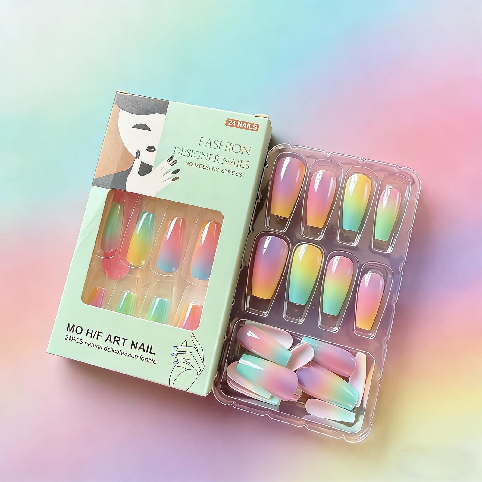 Chrome Press on Nails Medium Coffin Fake Dreamy Medium, Multicolor