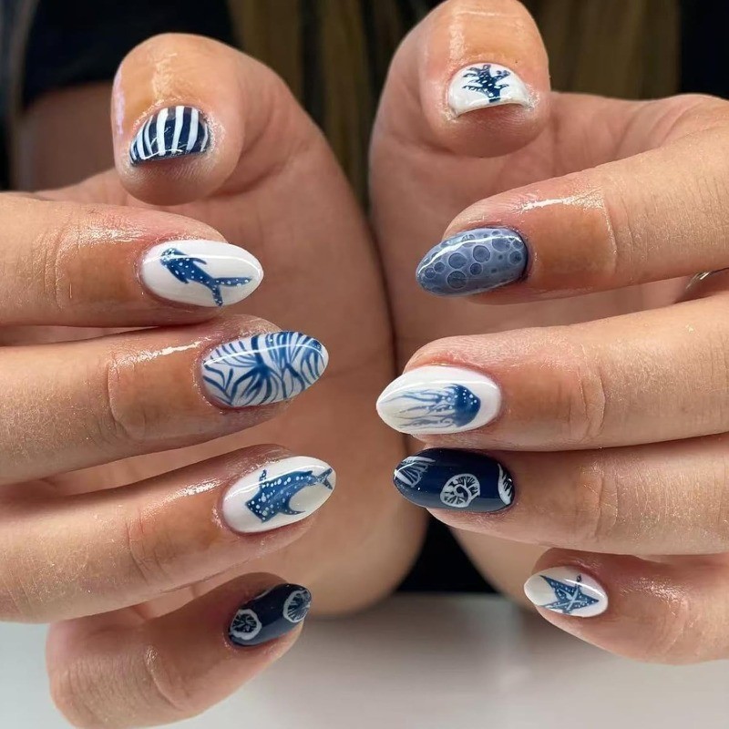48pcs Summer Ocean Press on Nails, Blue White Shark Jellyfish Almond Fake Nails