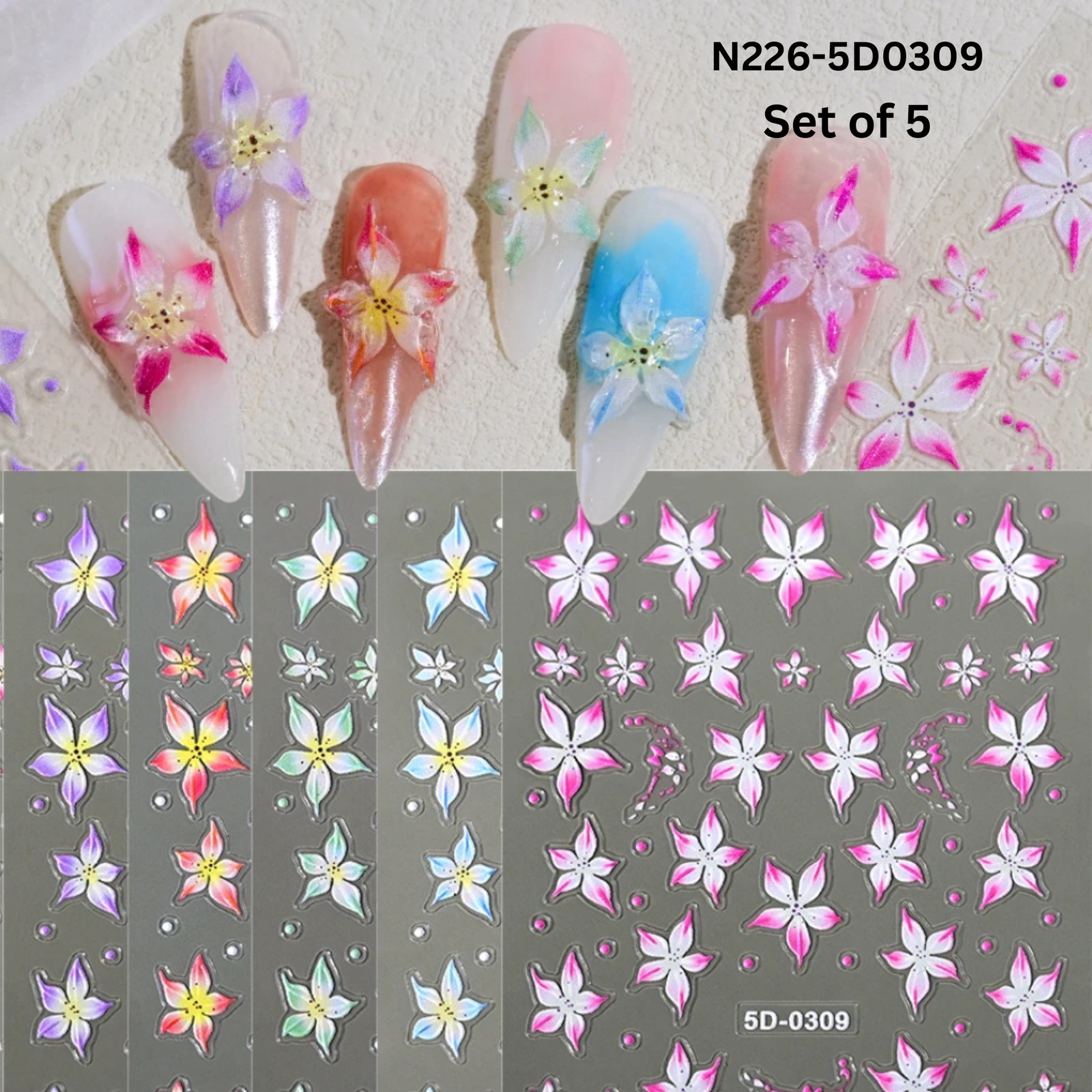 5D Acrylic Embossed Nail Art Stickers – Colorful Flower & Petal Designs – Ultra