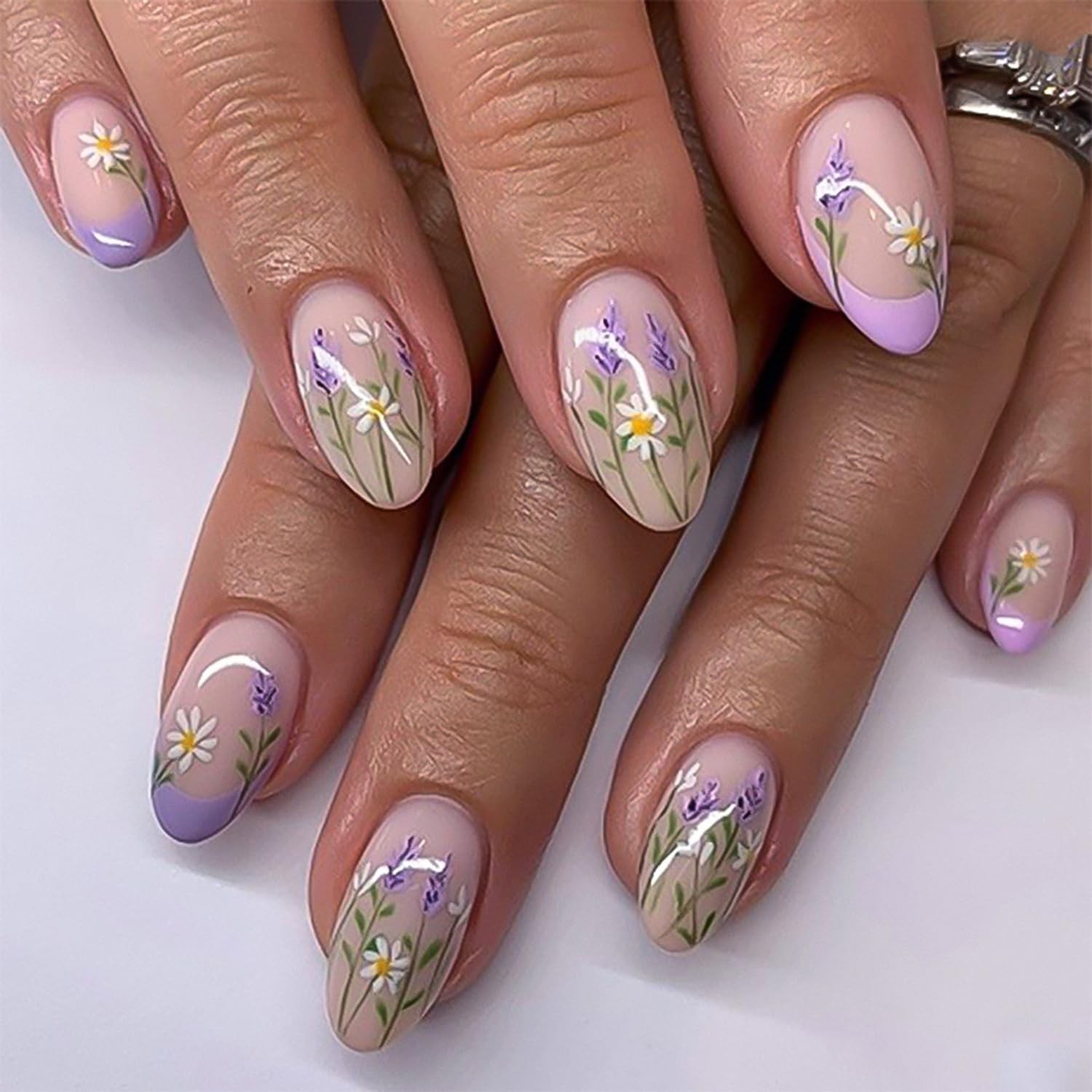 24Pcs French Press On Nails Short Oval Red Hawaii Flower Summer Stick On Nail