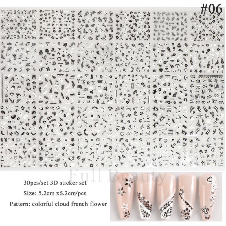 30 Sheets Black White Cloud French Flower Nail Art Sticker Decoration Manicure