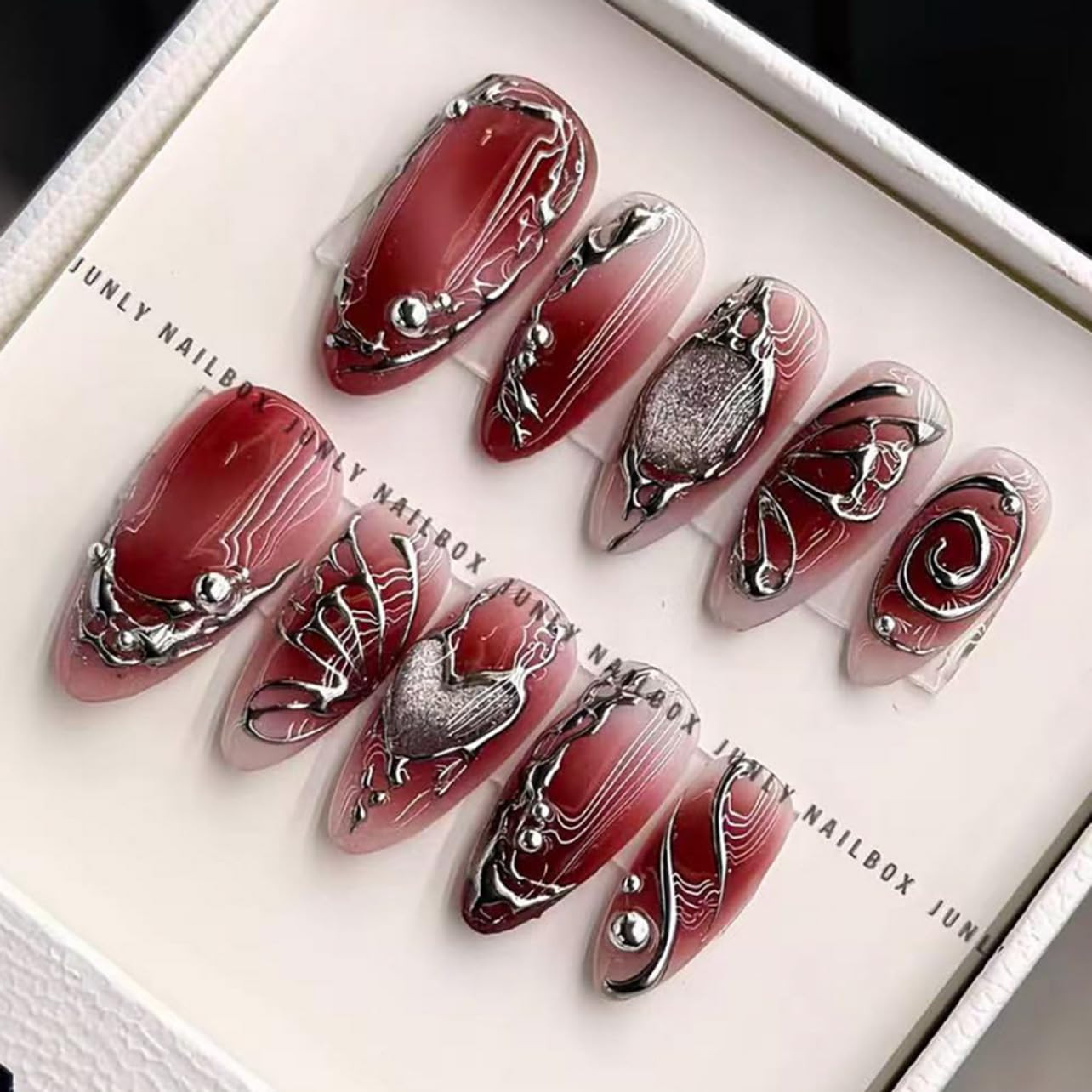 24Pcs Red Y2K Press on Nails Medium Almond Fake Nails Gothic Heart Butterfly Pun