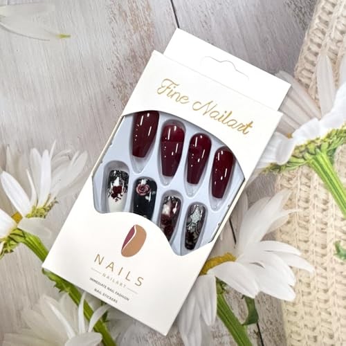 Press on Nails Medium Length False Nails Black Lace Pattern Red Rose Flower