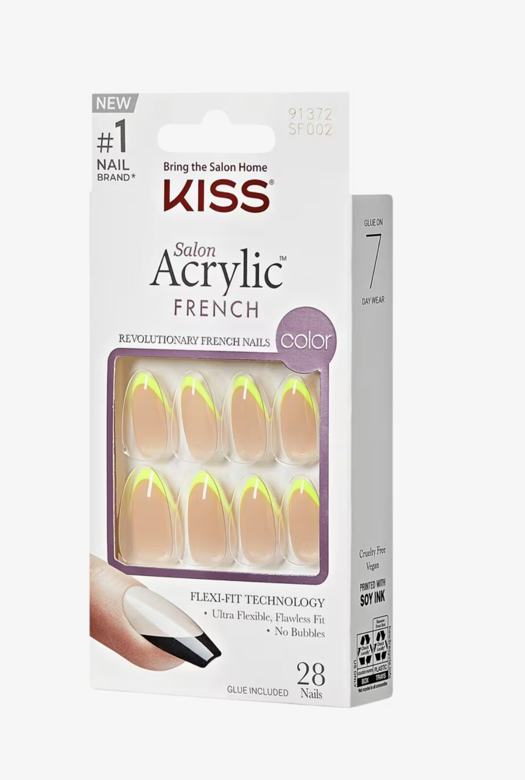 2 Kiss Salon Acrylic Nude/Neon Yellow French Nails, Medium Coffin # 91372