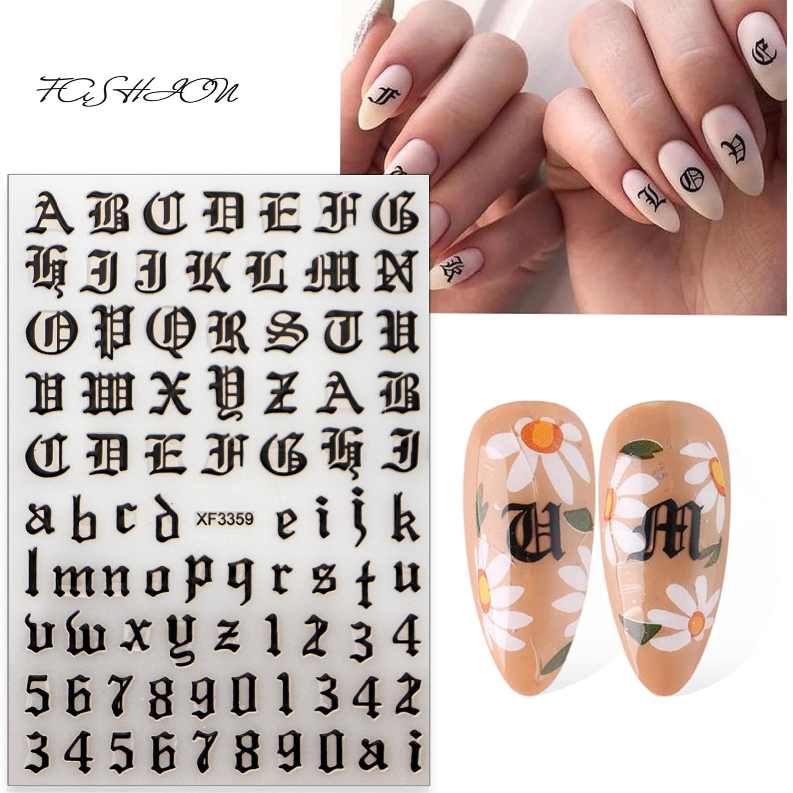 English Nail Stickers – Gold, Black, Silver, White Letter & Number Stickers f…