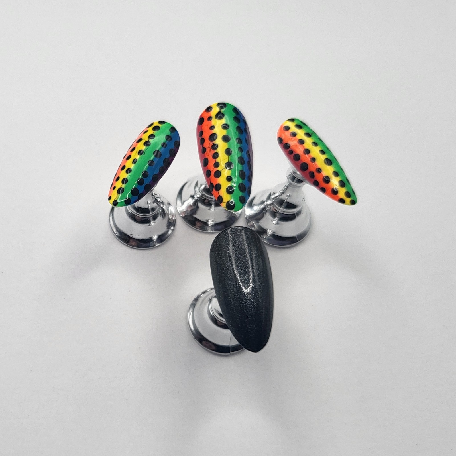 Handmade Rainbow Stripe Press On Nails Medium Almond Black Shimmer | Tempo
