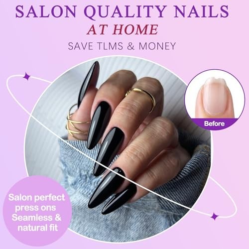 144pc Black Stiletto Fake Nails, Long Pointy Acrylic Nails for Women Girls