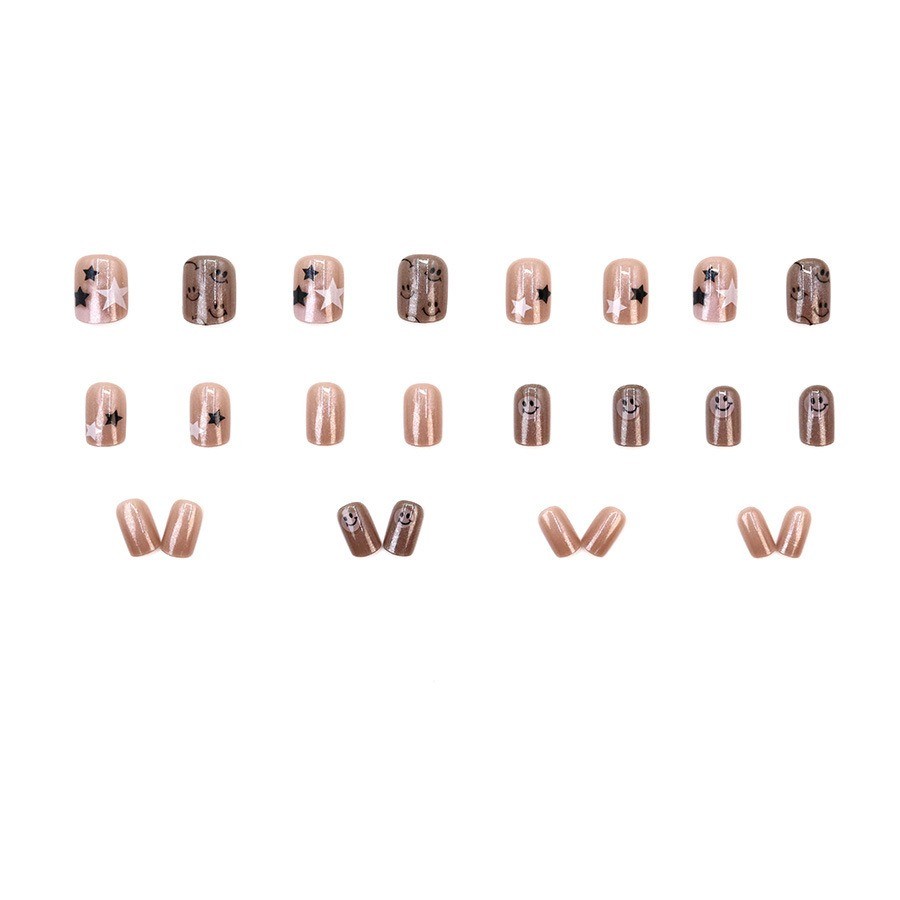 48 Pcs Star Smiley Press on Nails, Short Square Pink Cat Eye Daily Fake Nails
