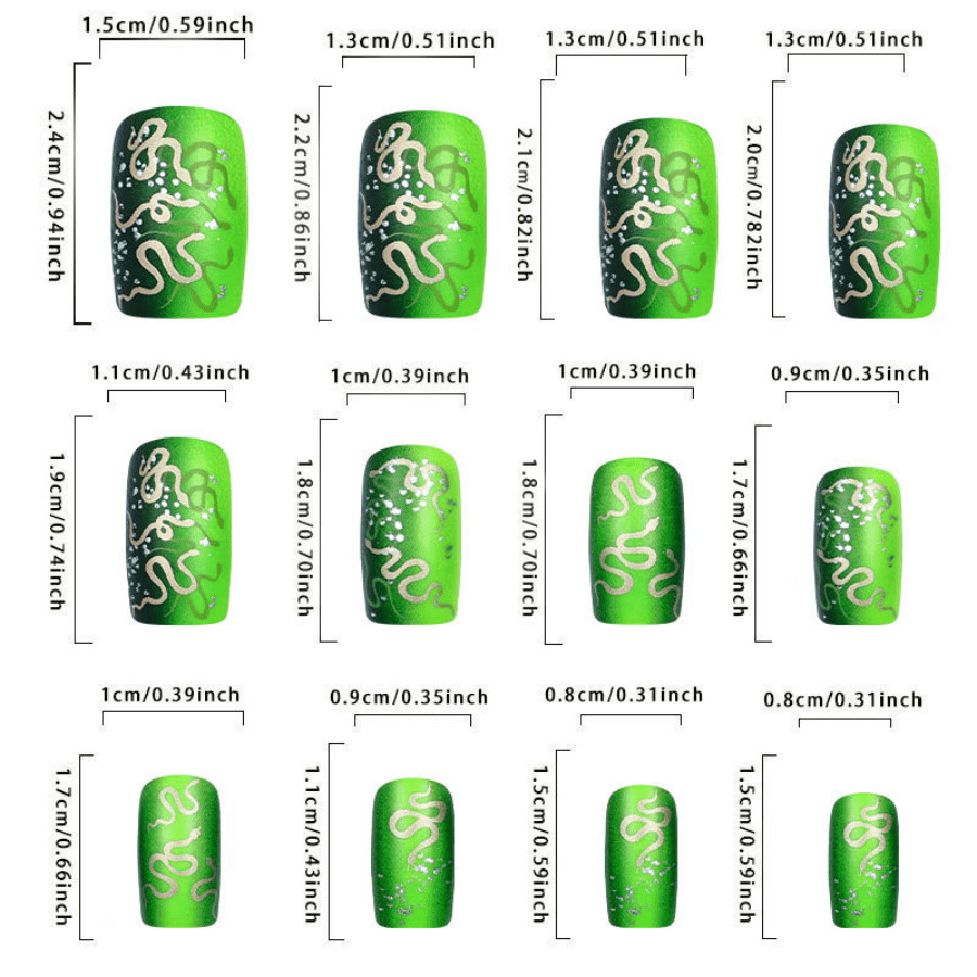 48P Short Square Press on Nails Green Black Gradient Gold Snake Fake Nails