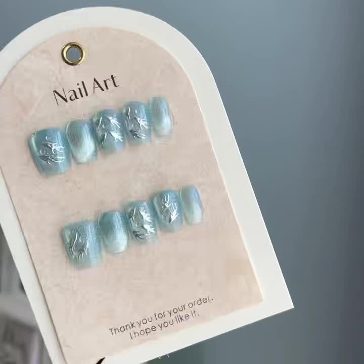 10Pcs Short Square Sapphire Cat Eye Silver Fish Scale Nails