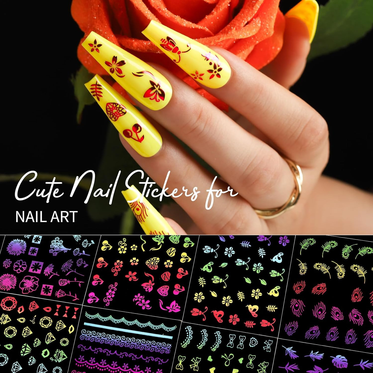 Teenitor 50 Sheets Nail Art Stickers, Rainbow Nail Stickers for Nail Art Nail De