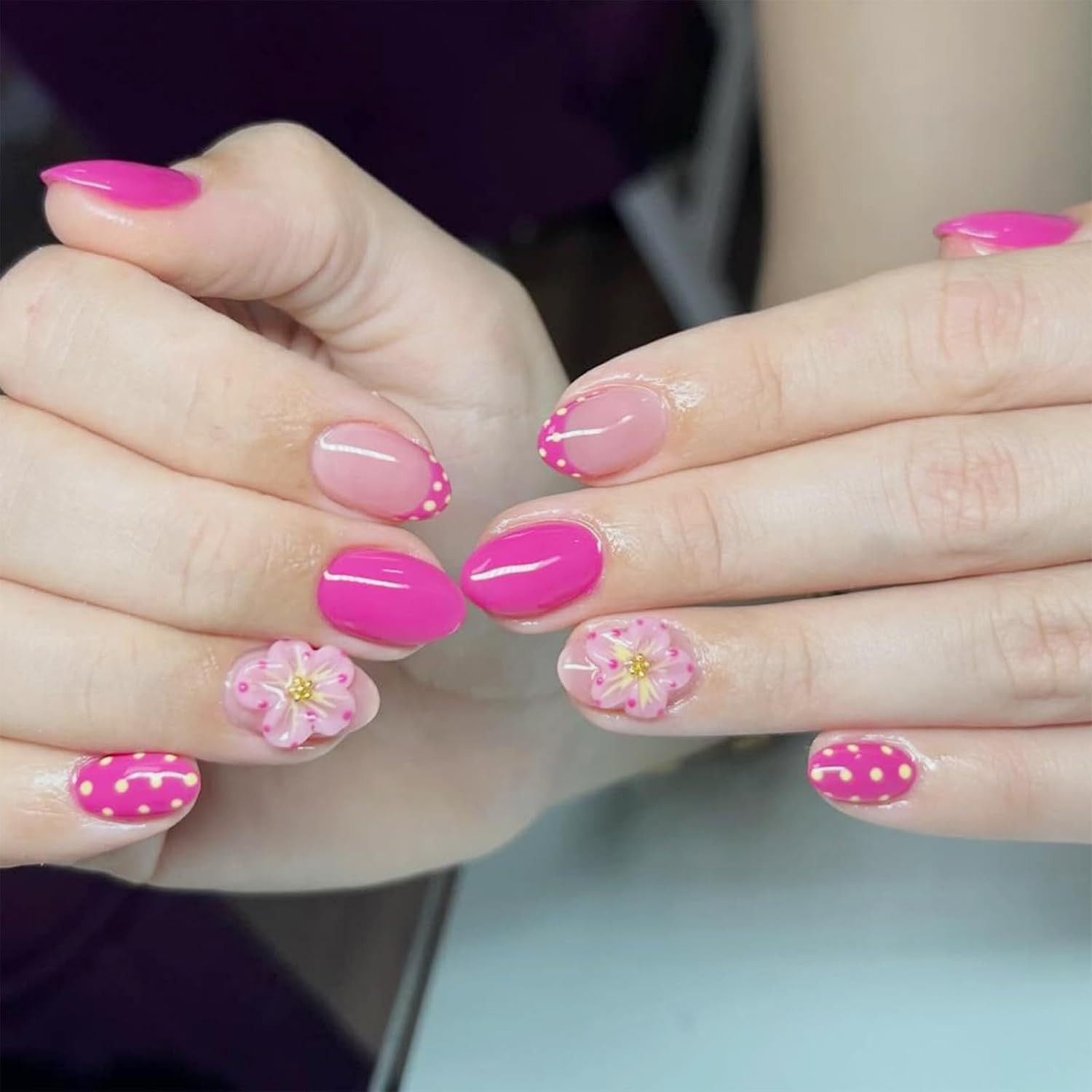 30Pcs 3D Flower Press on Nails Medium Almond Fake Nails Red French Tip False Nai