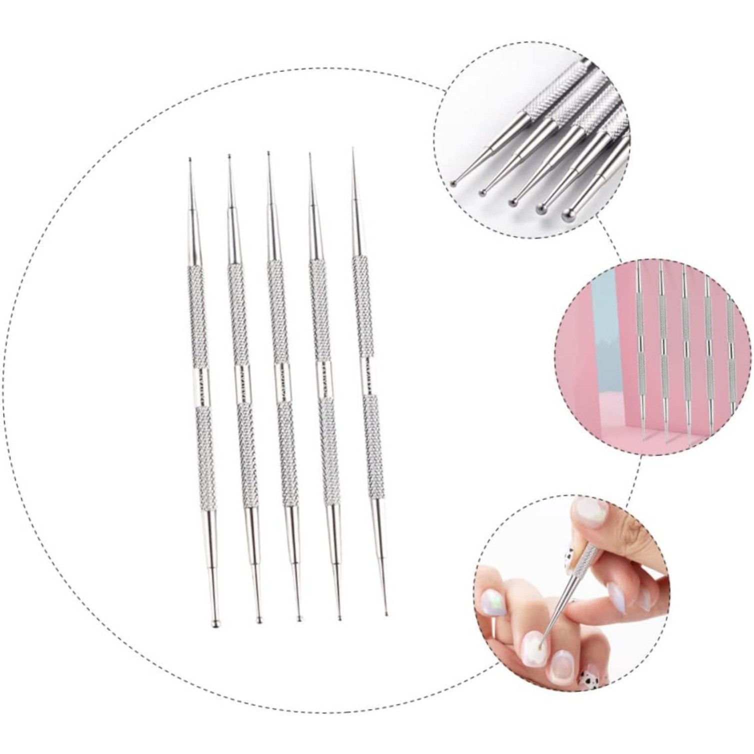 5pcs Stainless steel nail art pen double head type manicure drawing tools diy