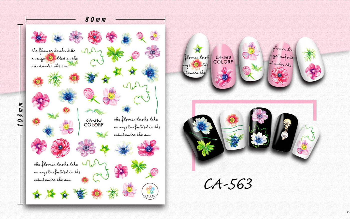 Nail art 3D stickers decal pink blue orange flowers buds green leaves CA563