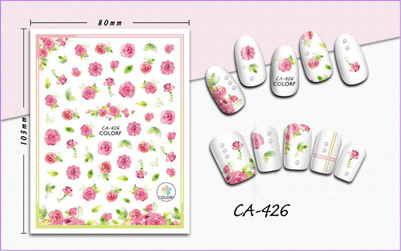 Nail art 3D stickers decal pink roses green leaves CA426