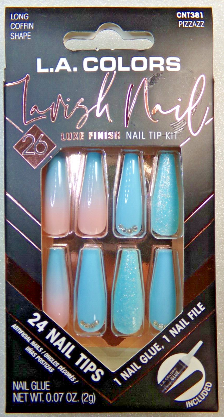 LA Color Lavish Nails Turquoise Blue with Gems, Glue on, Extra Long Coffin
