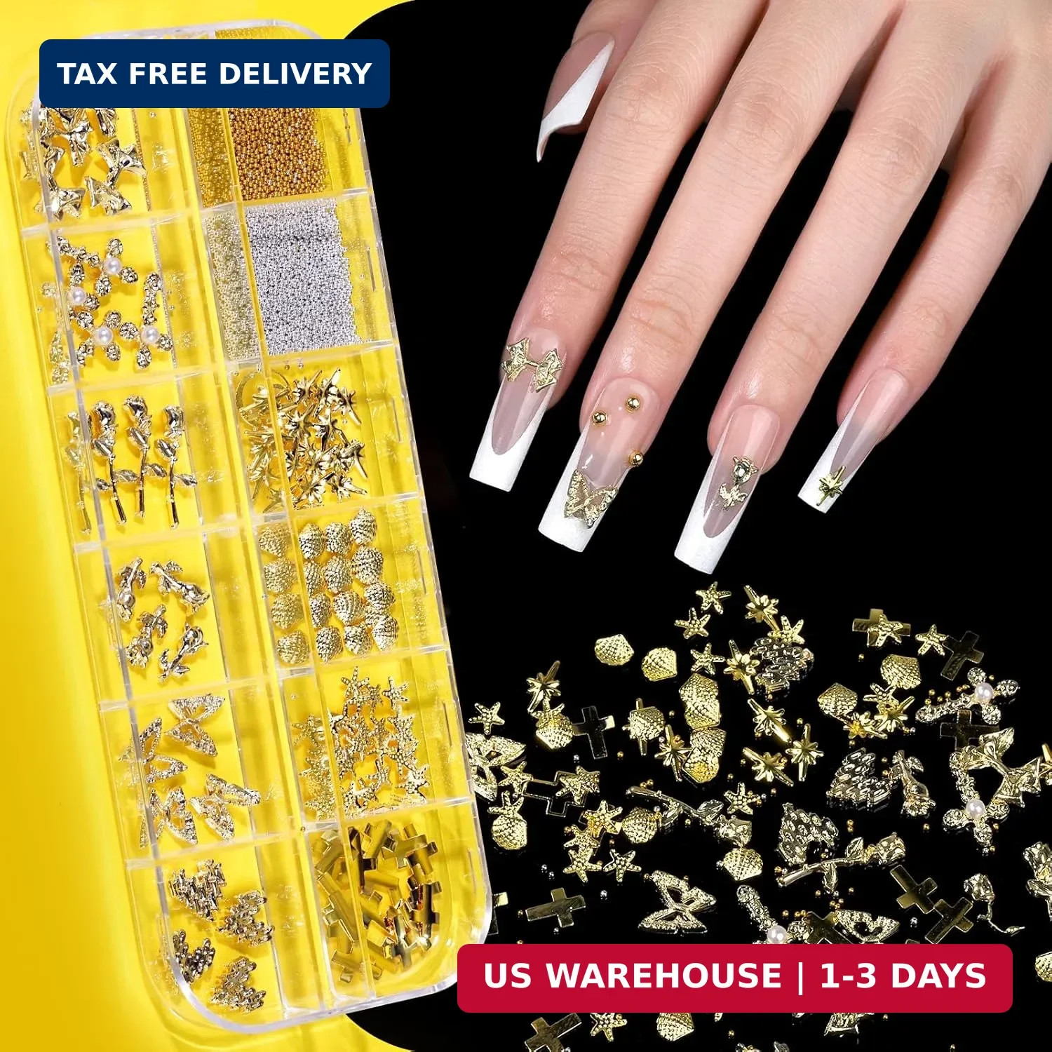 Gold Chrome Nail Powder Kit with Nail Charms and Gems, Pearl Nail Chrom