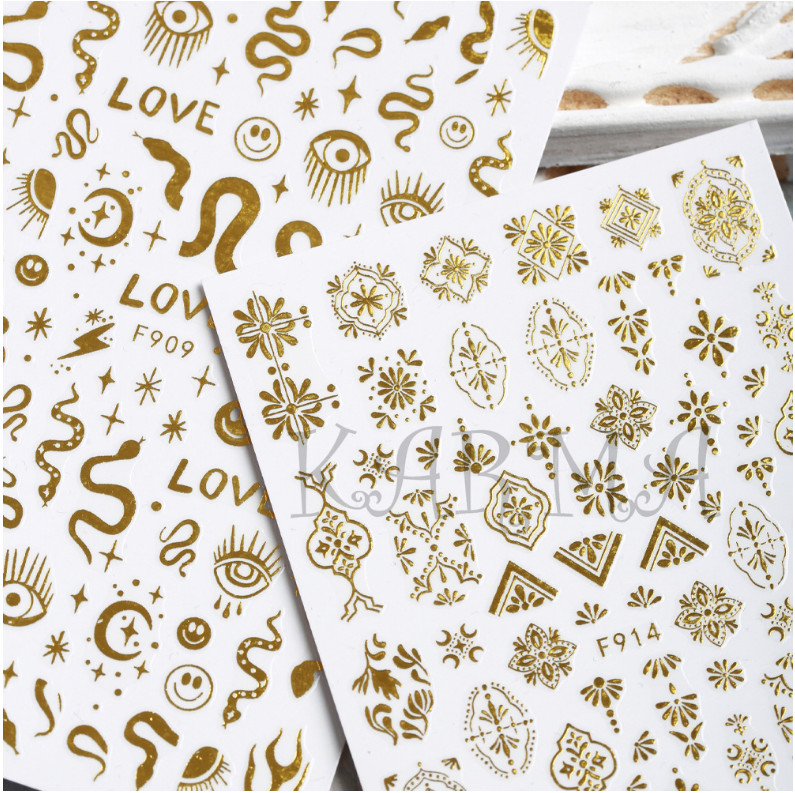 3D Gold Nail Stickers Bronzing Rose Snake Eyes Heart Moon Star Decorations NH22