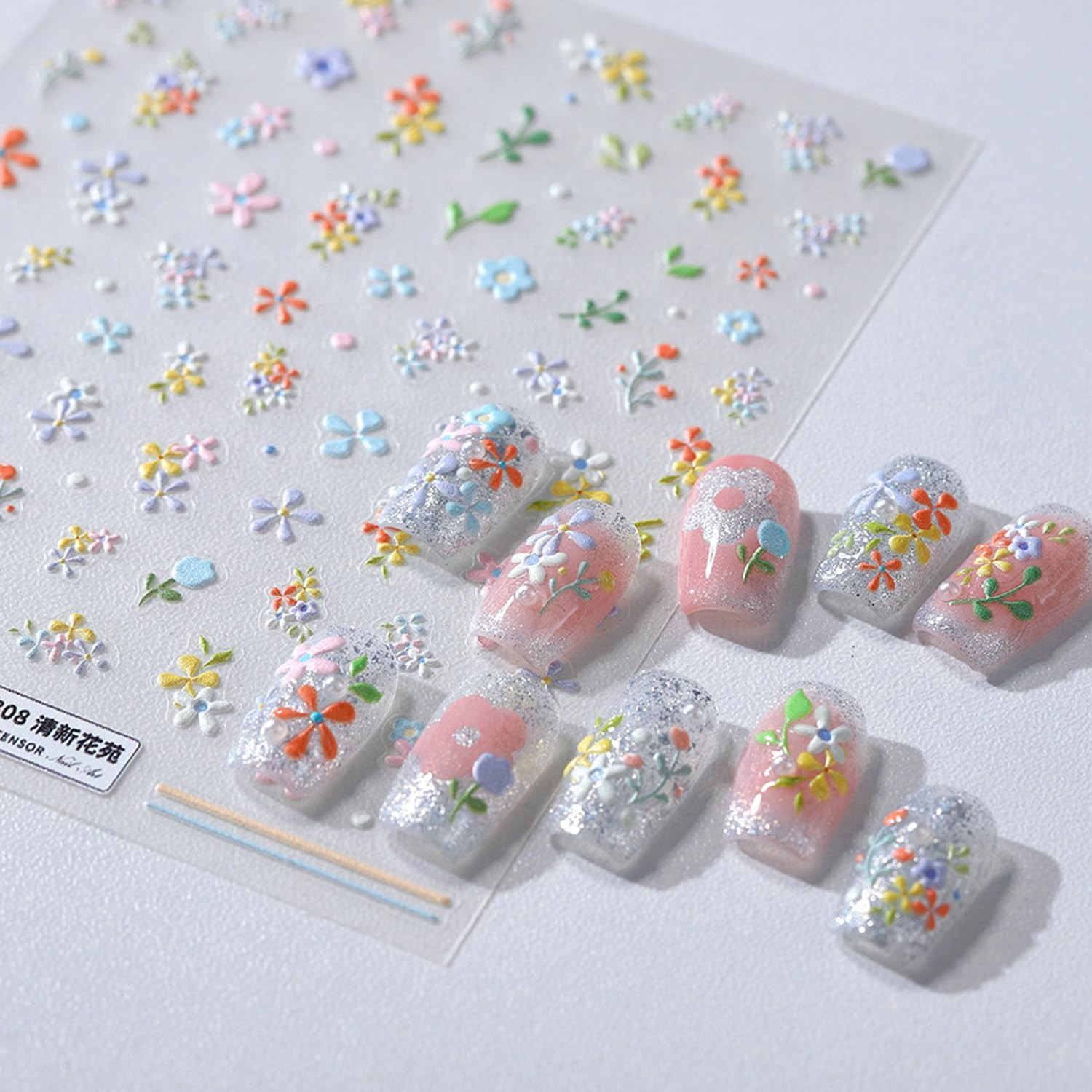5D Embossed Flower Nail Stickers for Nail Art Summer Floral Leaf Nail Art Sticke
