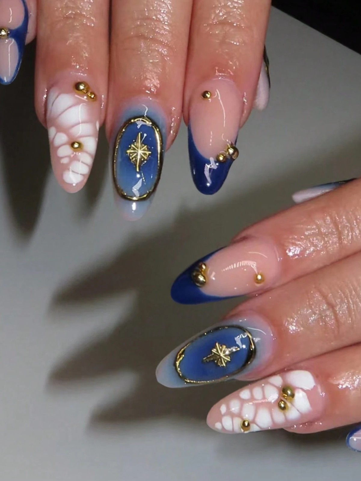 Blue Ombre Starfish Almond Press On Nails with Gold Beads