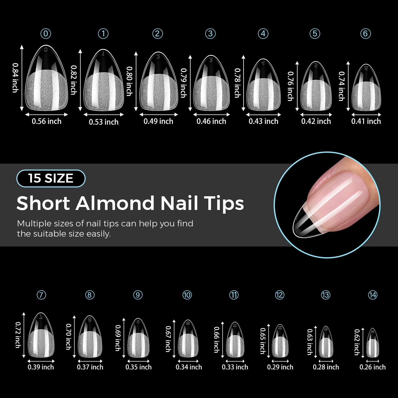 TOMICCA Short Almond Nail Tips 15 Sizes Nail Tips 240Pcs Almond Nails
