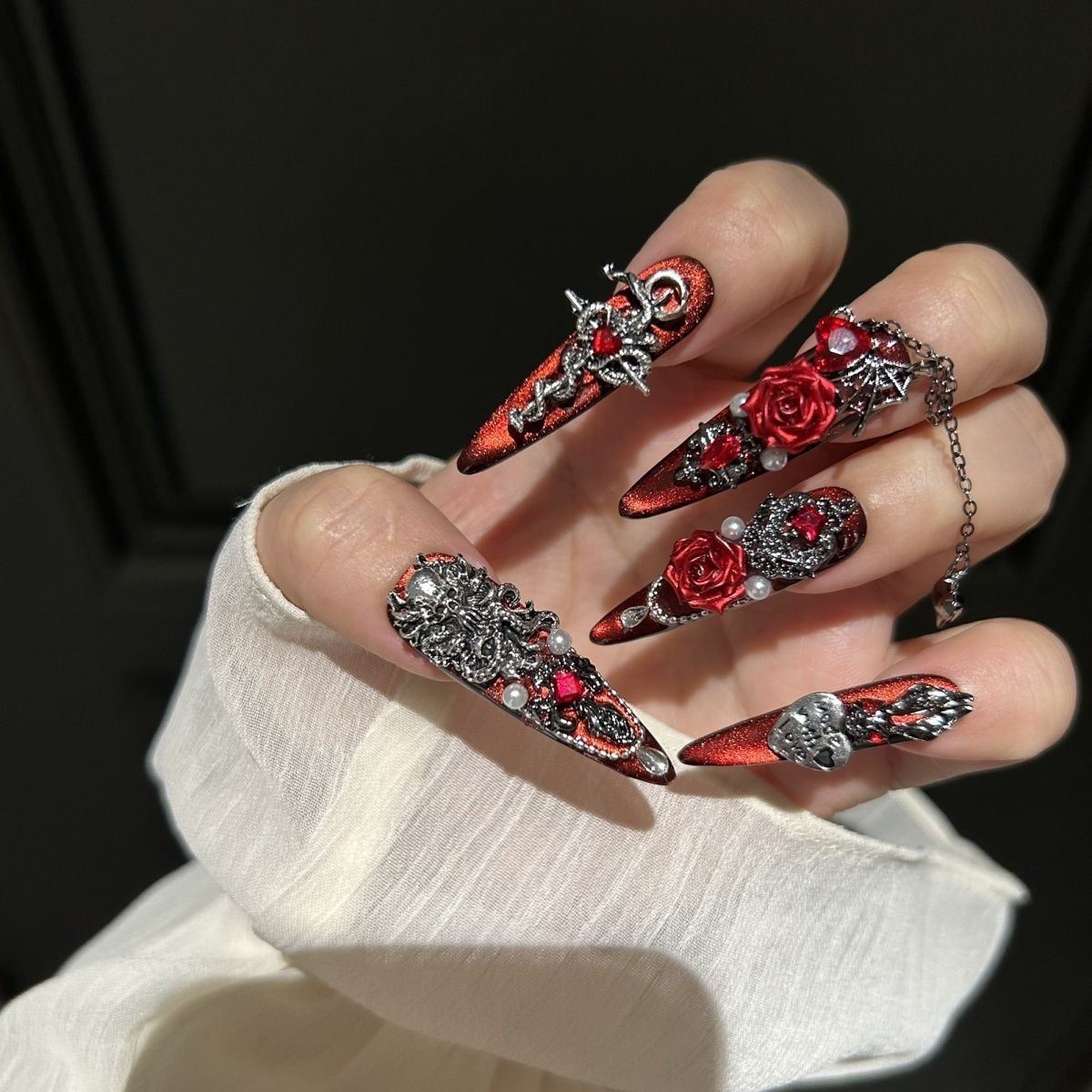 Handmade Gothic Rose Dark Nails Removable Press On Nails