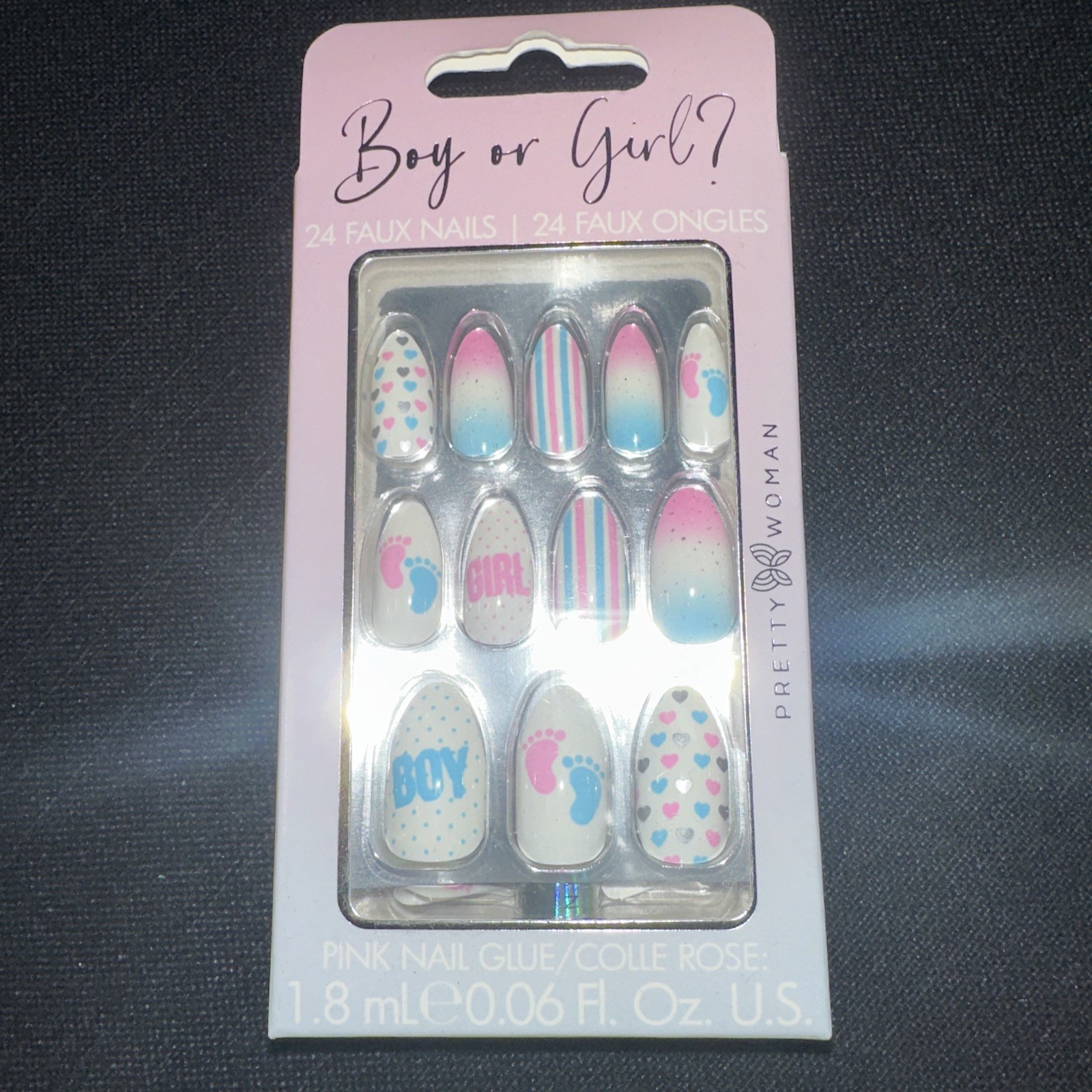Boy or Girl Faux Nails Set 24ct Gender Reveal Press On with Glue Baby Party
