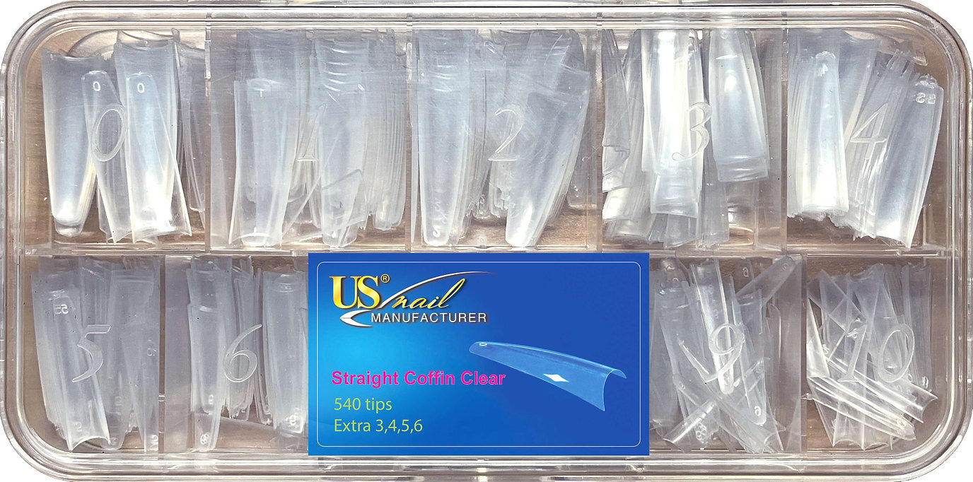 USN Straight Coffin ClearTips – 500ct each size – CHOOSE FROM SIZE 0-10 (No box)