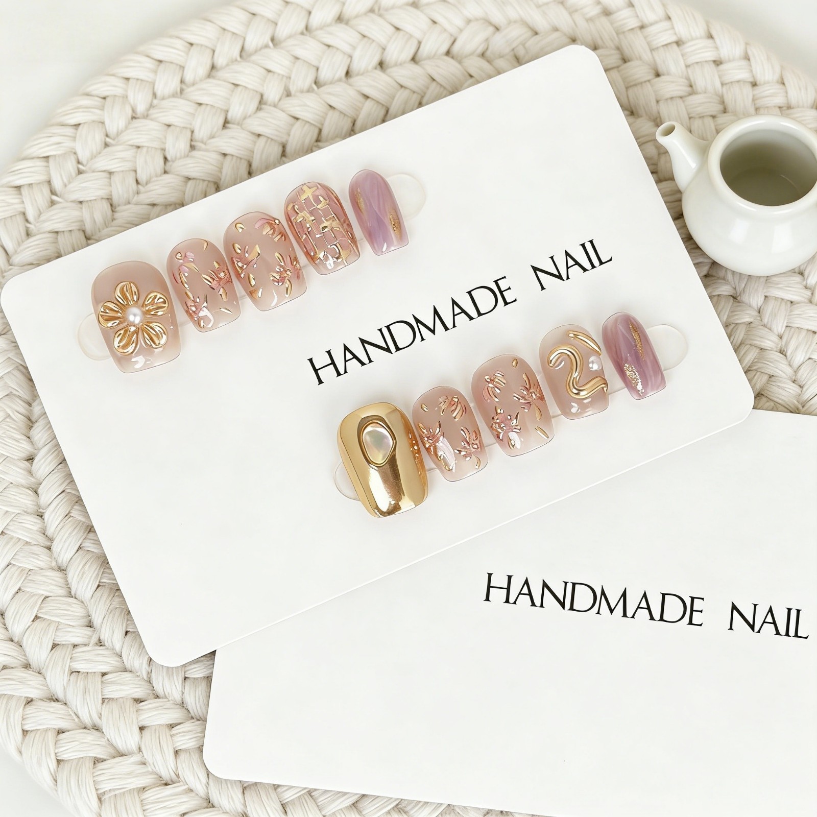 Pink Purple Press On Nails Short Square Gold Flower Pearl Handmade Set gift