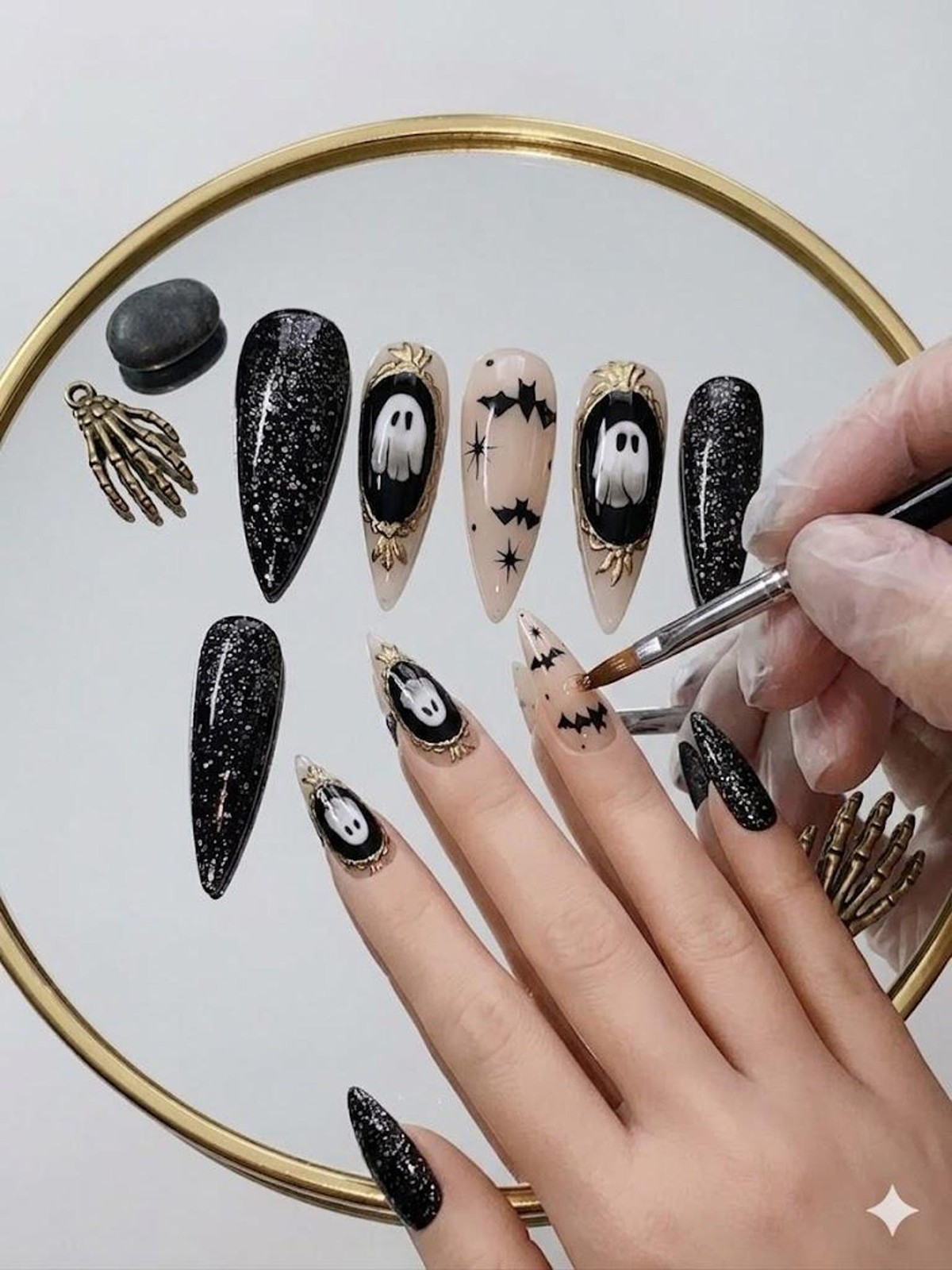 Custom Handmade Halloween Ghost Bat Gold Frame Glitter Stiletto Press on Nail