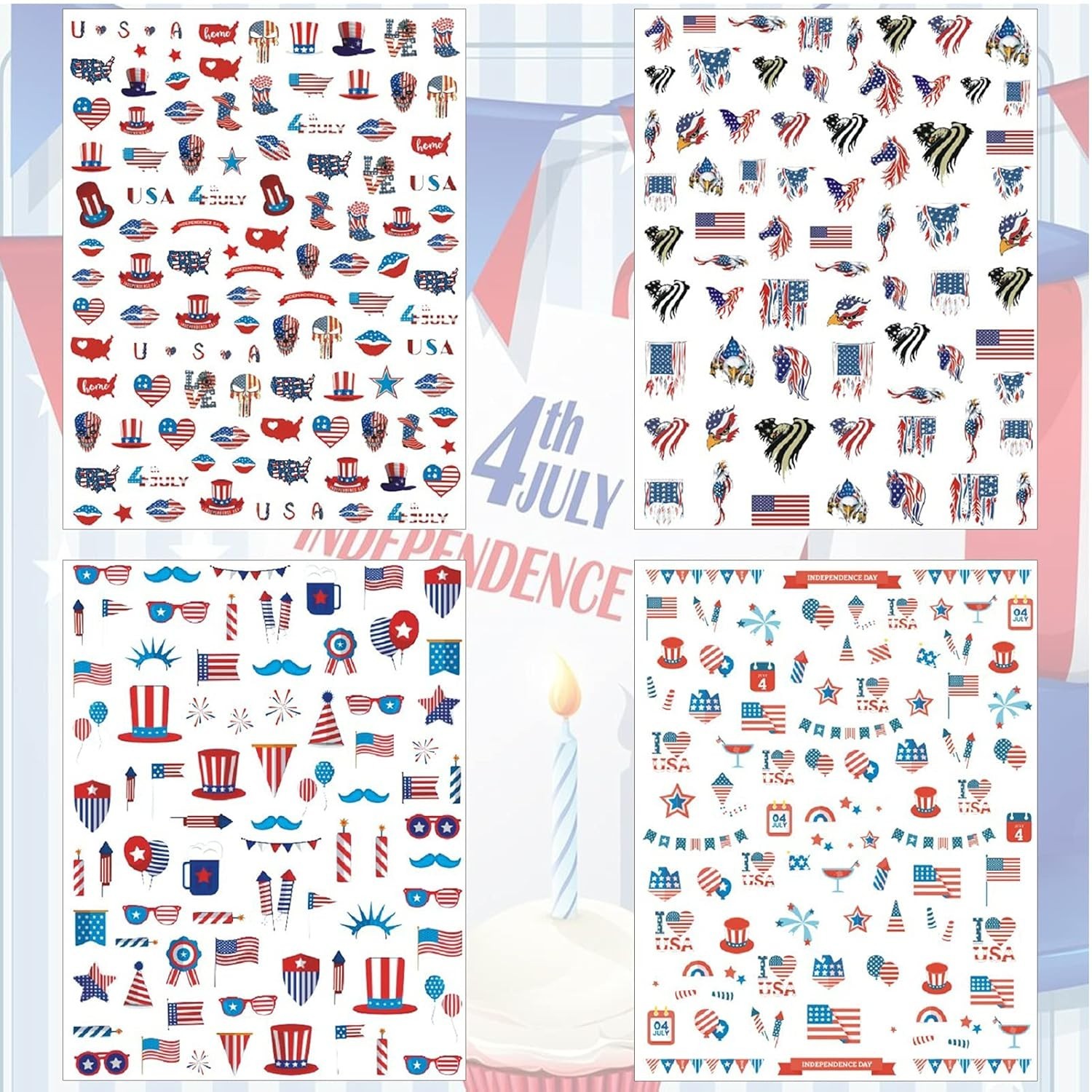 12 Sheets 4th of July Nail Decals Stickers, Self Adhesive Independence Day Pa…