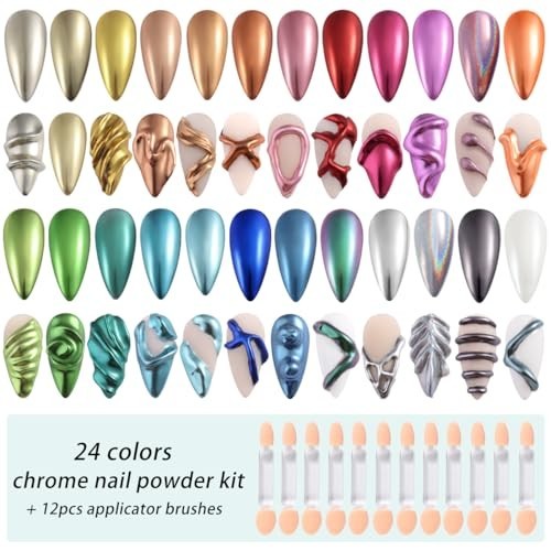24 Colors Metallic Nail Powder Set – Chrome, Iridescent & Chameleon Pigments for