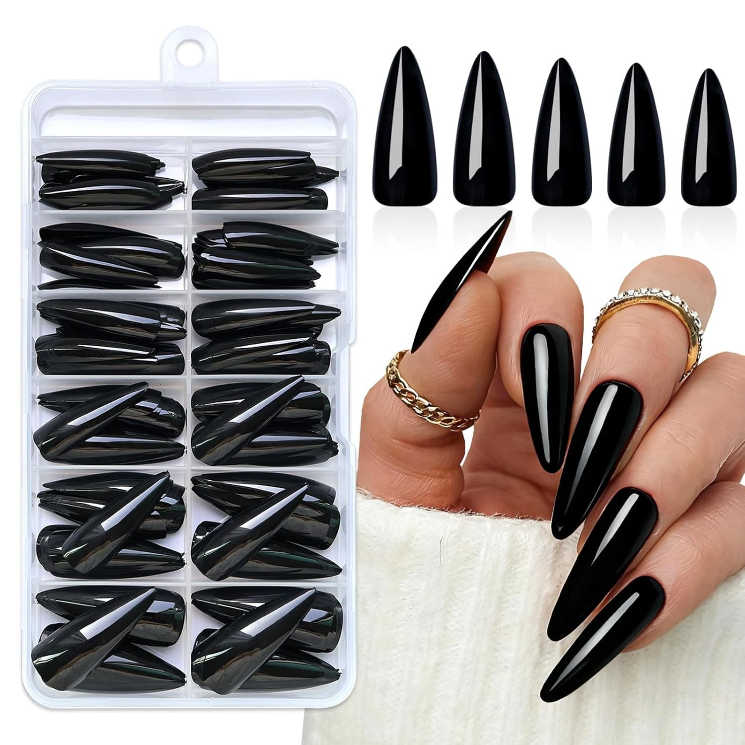 144pc Black Stiletto Fake Nails, Long Pointy Acrylic Nails for Women Girls