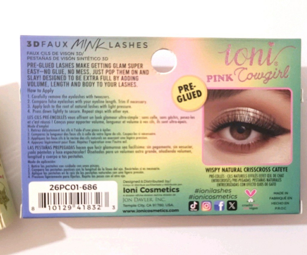 NIB Ioni Pink Cowgirl Press On Nails & 3D Mink Half Lash Handmade Eyelashes Set