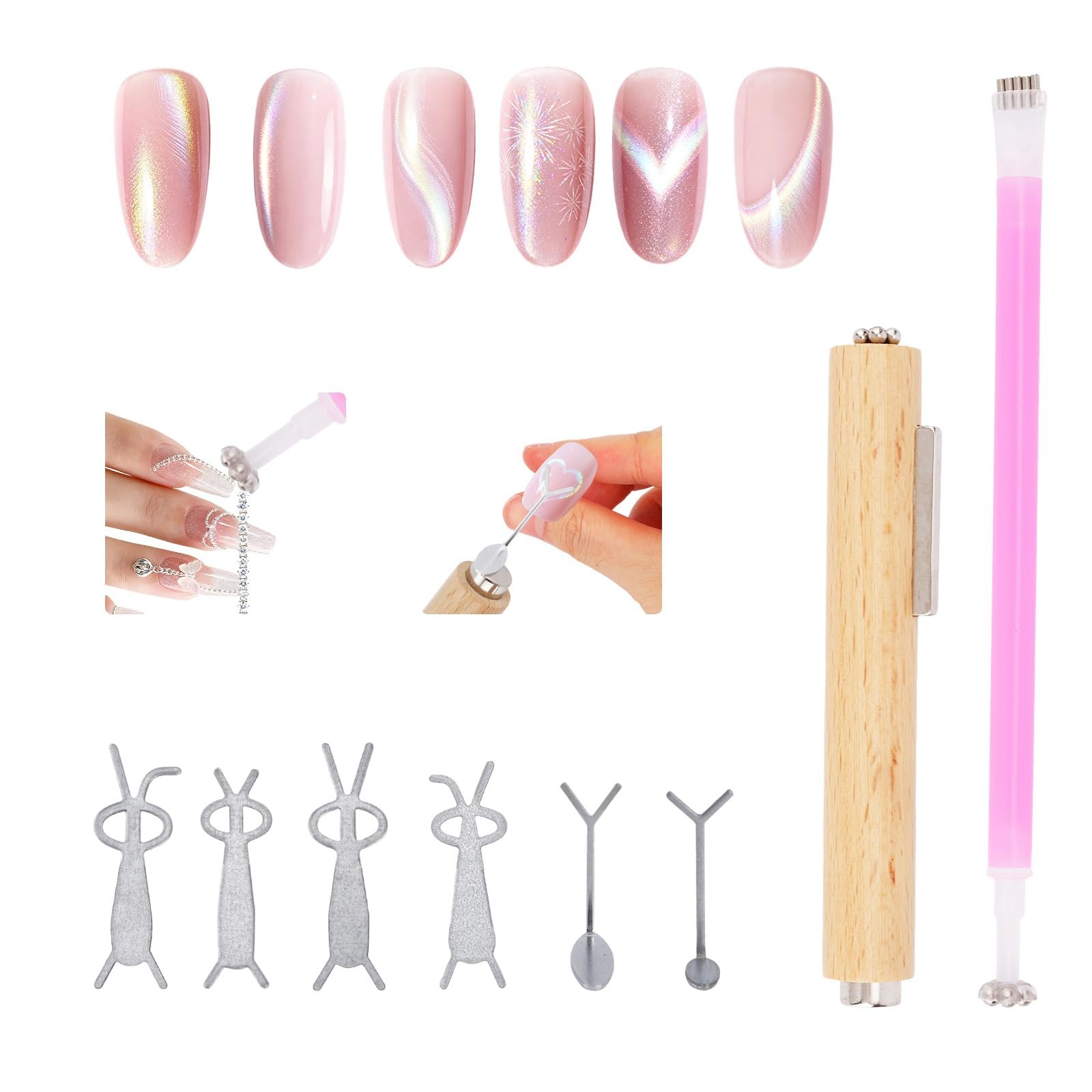 8pcs 3-in-1 Cat Eye Nail Polish Magnet Tool Set, Including Wooden Handle Magn…