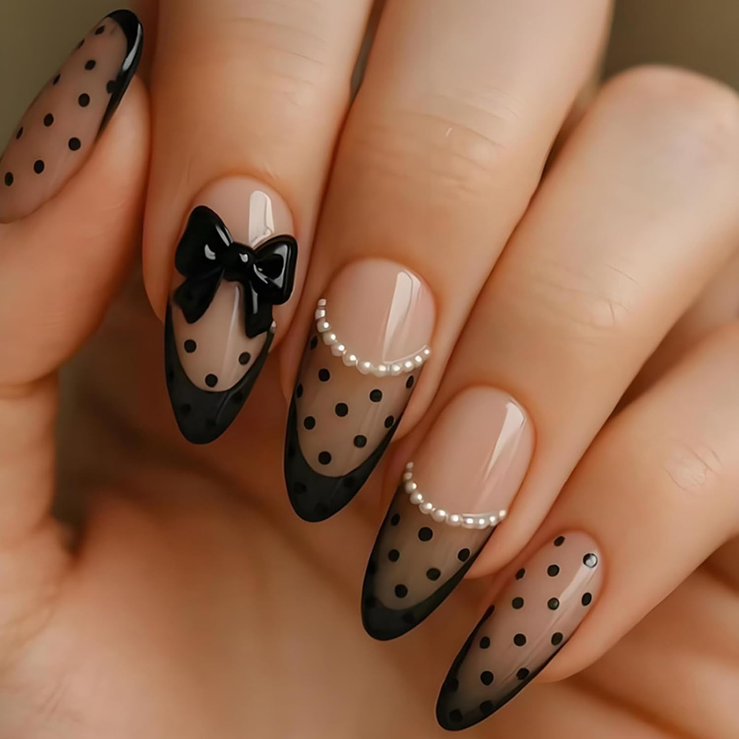 Almond Press on Nails Medium Fake Nails Flower Pearls with Glitter Design French