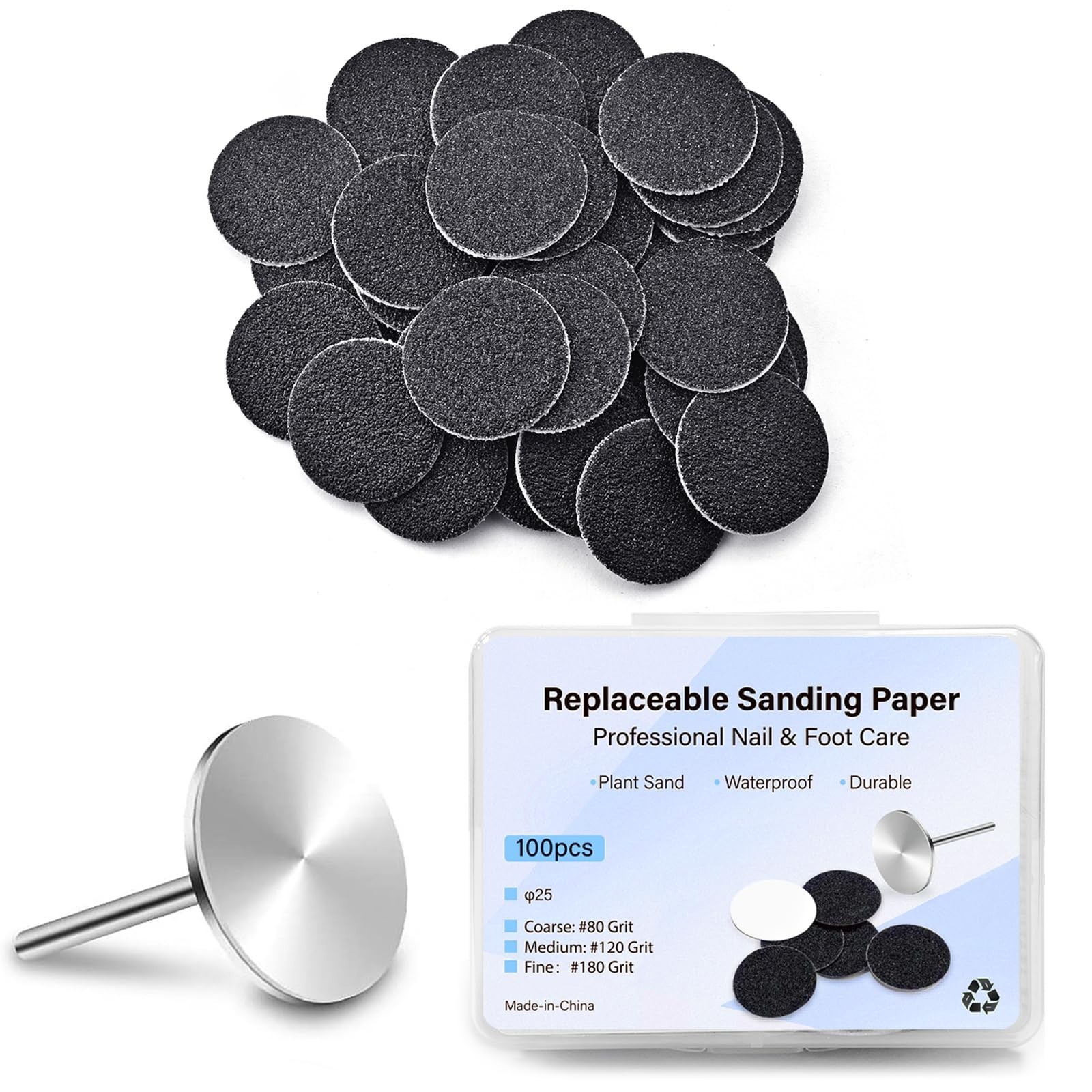 100pcs Foot File Sandpaper Disc with 1 Metal Shaft Replaceable Sanding Pads f…