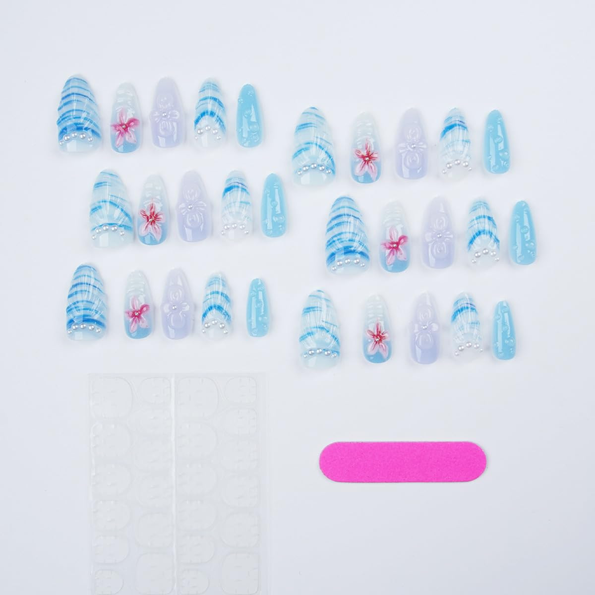 24Pcs Blue Press on Nails Medium Almond Fake Nails Summer Beach False Nails with