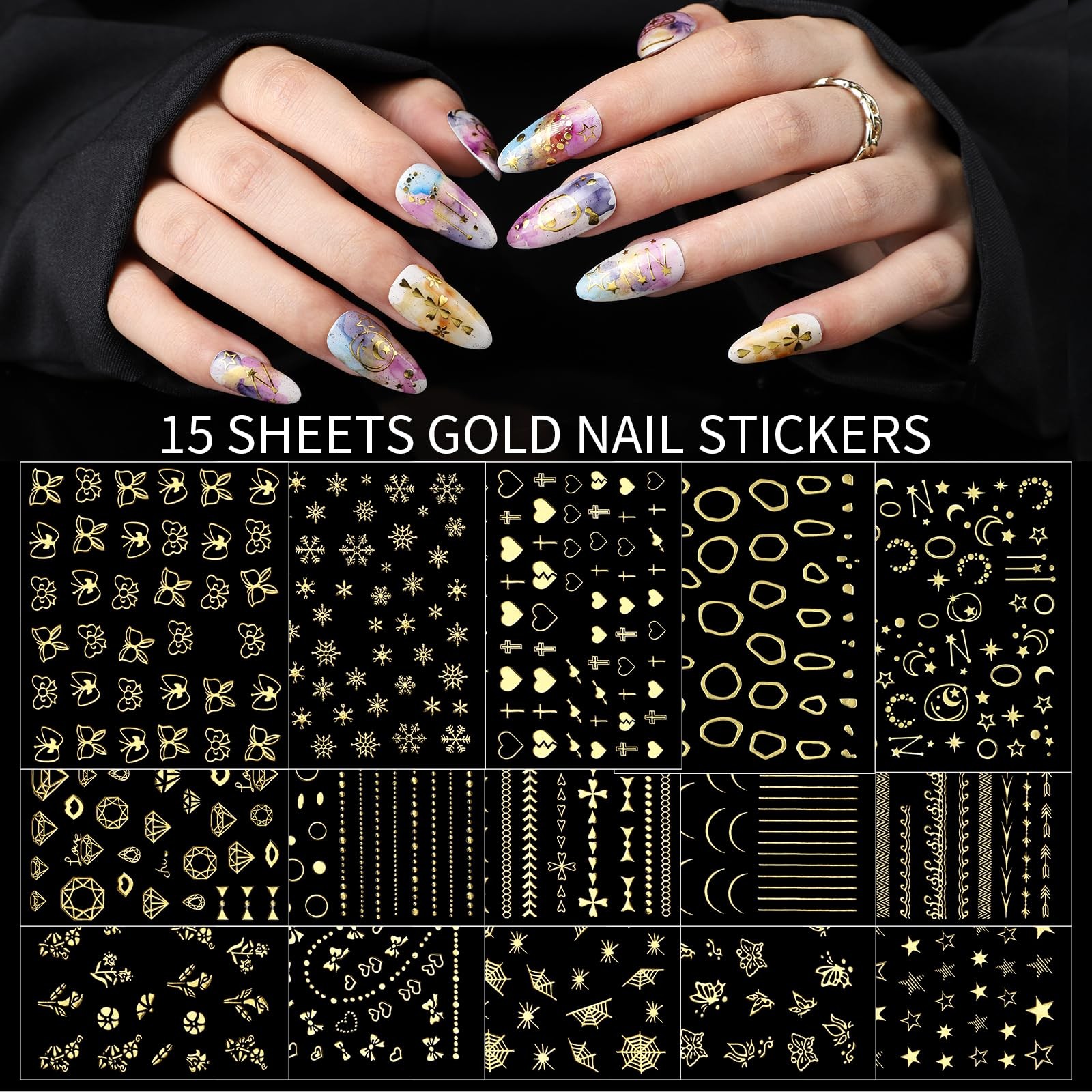 Nail Charms Nail Gems with 15 Sheets Gold Nail Stickers, 6 Boxes of Rhineston…
